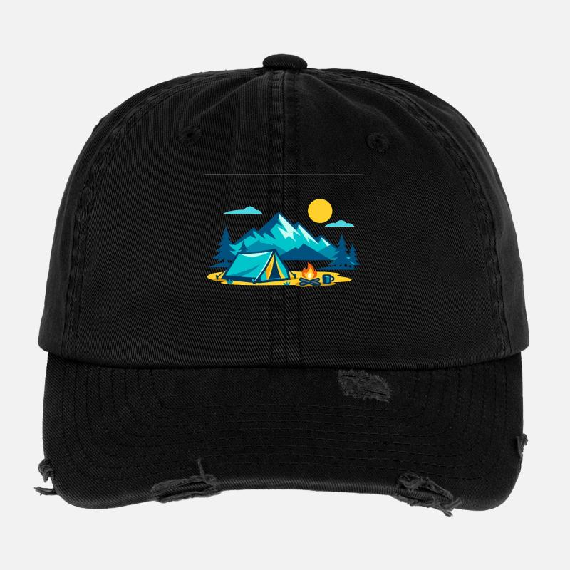 Bergzeltcamping unter sonniger Berglandschaft Flexfit Vintage Destroyed Cap