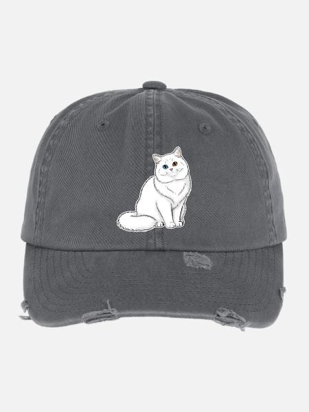 Chat Blanc Angora Yeux Vairons Portrait Élégant - Casquette vintage effet usé Flexfit - charbon - Devant