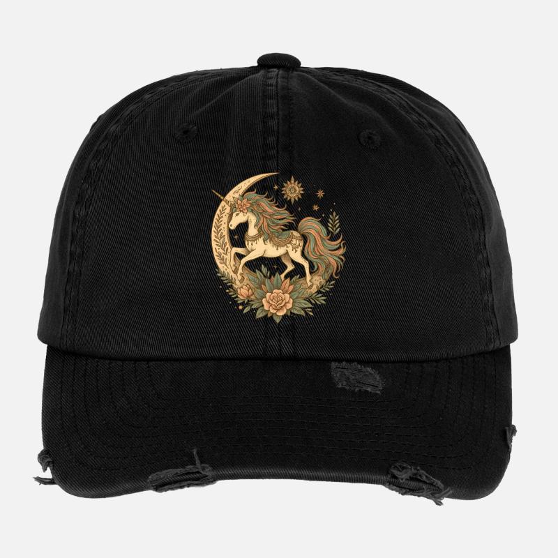 Mondlicht Einhorn mit Blütenkranz Flexfit Vintage Destroyed Cap