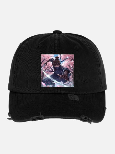 Ninja im Kirschblütenwald - Flexfit Vintage Destroyed Cap - Schwarz - Vorne