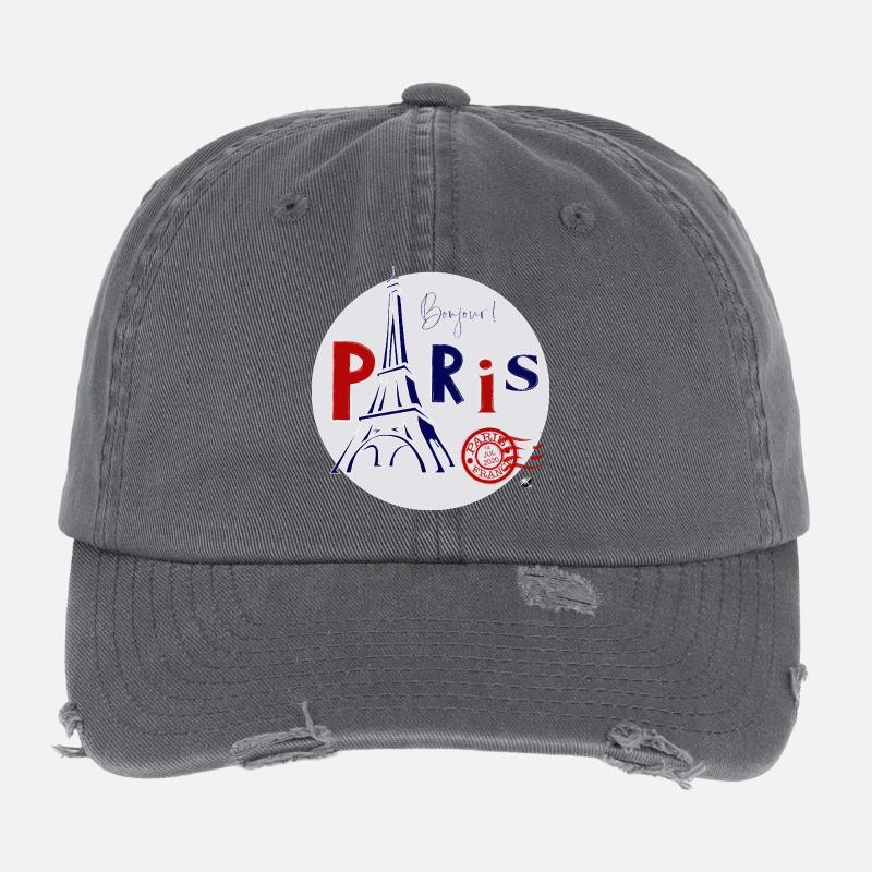 Eiffelturm Abbildung im Kreis mit Inschrift Flexfit Vintage Destroyed Cap