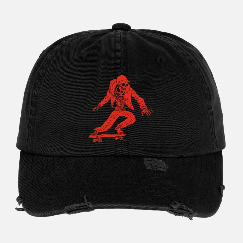 Rotes Skelett auf Skateboard Flexfit Vintage Destroyed Cap