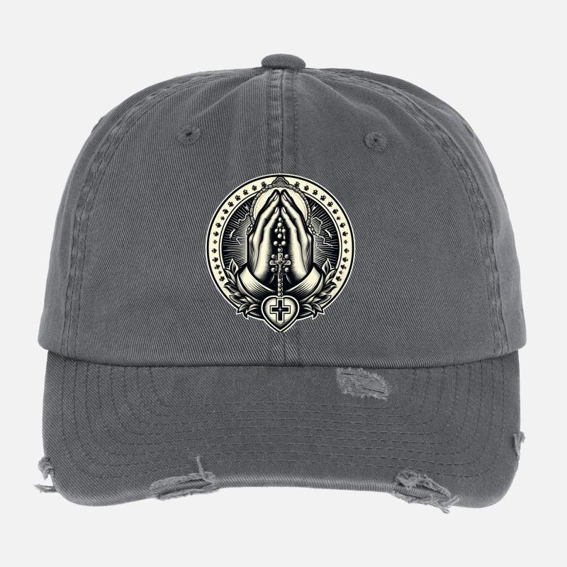 Hands clasped in prayer with rosary Flexfit Vintage Destroyed Cap