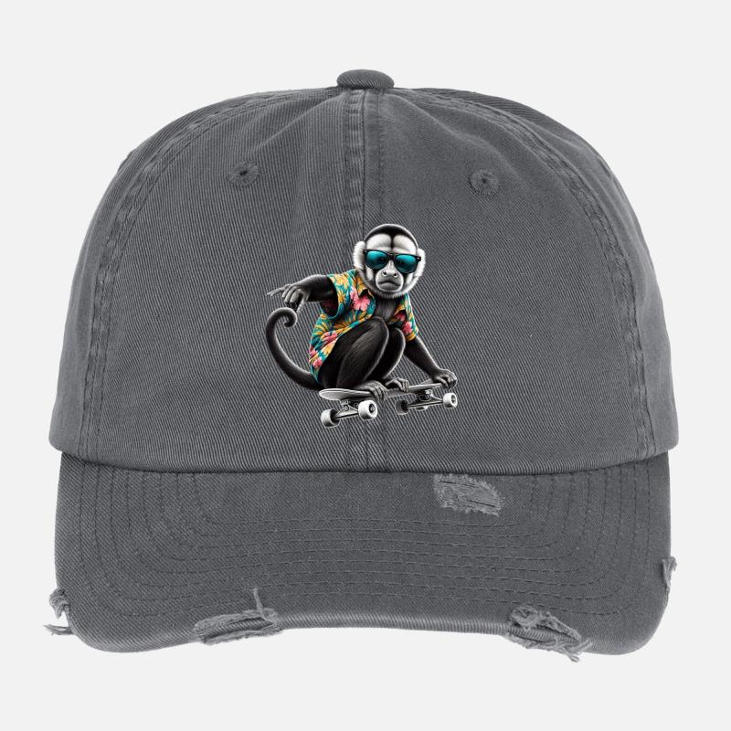 Ein cooler Affe auf einem Skateboard Flexfit Vintage Destroyed Cap