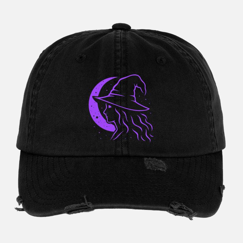 Witch Silhouette Moon Witchcore Motif Flexfit Vintage Destroyed Cap
