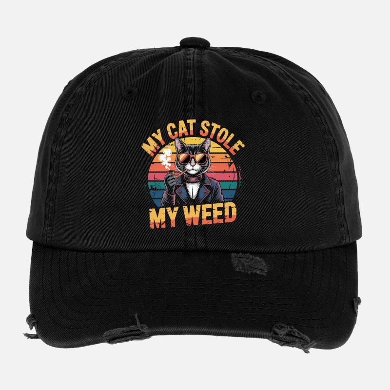 Retro Cat Stoner Illustration Flexfit Vintage Destroyed Cap