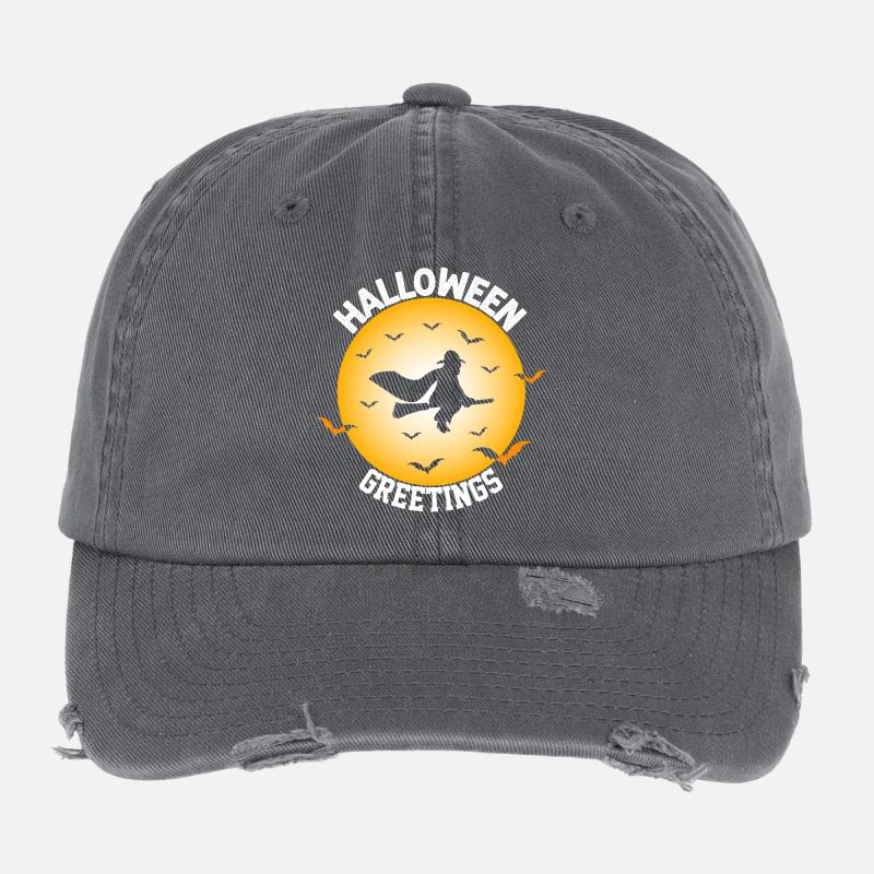 Halloween Witch Flight Silhouette Design Flexfit Vintage Destroyed Cap