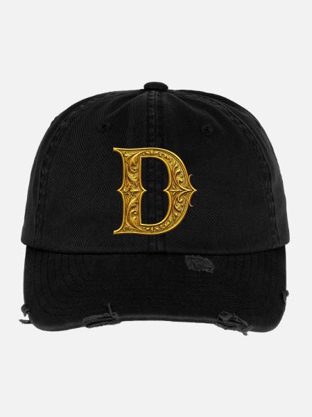 Ornamentgold Initiale D - Flexfit Vintage Destroyed Cap - Schwarz - Vorne