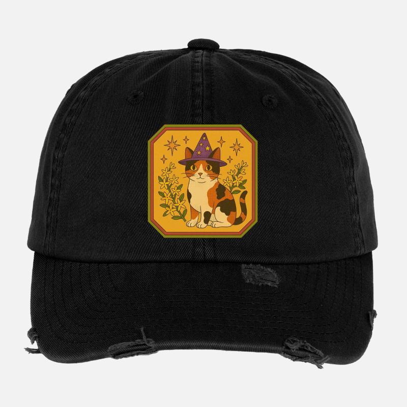Calico Witch Cat with Starry Hat Flexfit Vintage Destroyed Cap