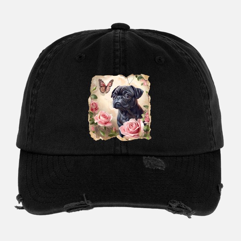 Black Pug with Butterfly - Flexfit Vintage Destroyed Cap - black