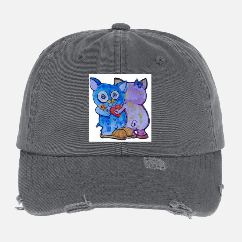 Liebes-Duo Katzengesicht mit Blumen Flexfit Vintage Destroyed Cap
