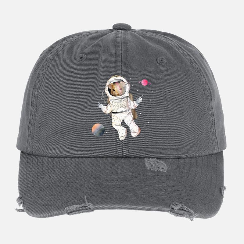 Astronauts mouse in space with planets Flexfit Vintage Destroyed Cap