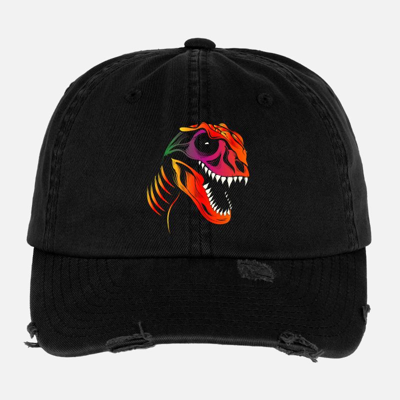 bunter Dinosaurier Schädel Tyrannosaurus Rex Kopf Flexfit Vintage Destroyed Cap