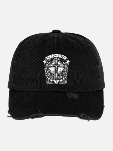 PUT GOD FIRST in Banderole Jesus Cross - Flexfit Vintage Destroyed Cap - black - Front