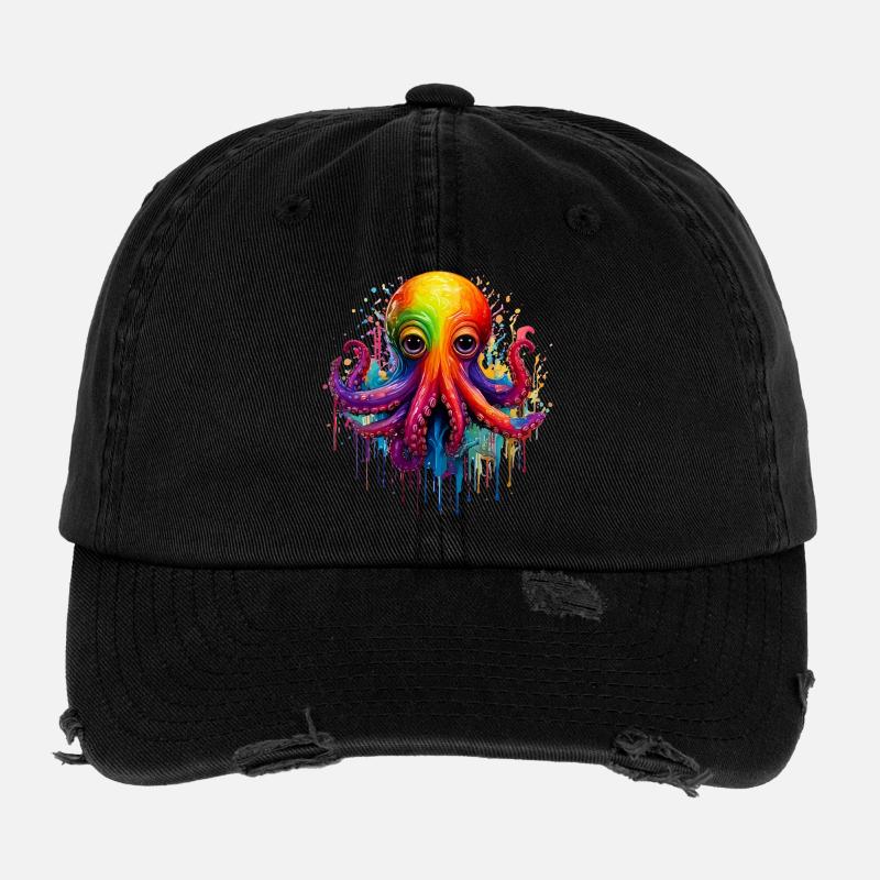Colorful Octopus Splash Flexfit Vintage Destroyed Cap