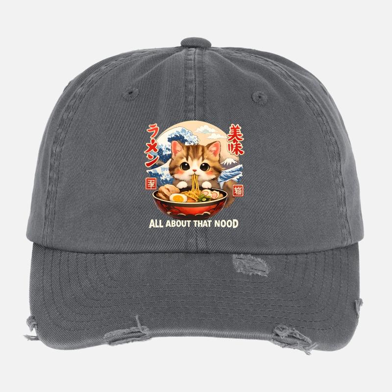 Kawaii Kitten Ramen Anime Flexfit Vintage Destroyed Cap