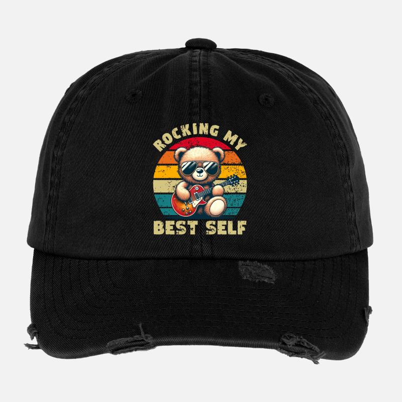 Teddybär mit Sonnenbrille und E-Gitarre Distressed Flexfit Vintage Destroyed Cap