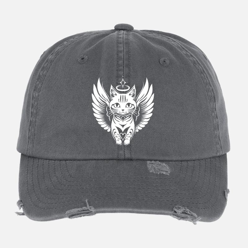 Weiße Engel Katze mit Flügel Flexfit Vintage Destroyed Cap