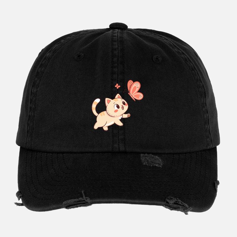 Chat Curieux et Papillon Rosé Casquette vintage effet usé Flexfit