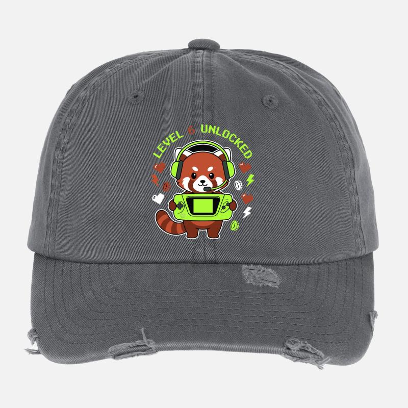 Level 6 Unlocked Red Panda Gamer Flexfit Vintage Destroyed Cap