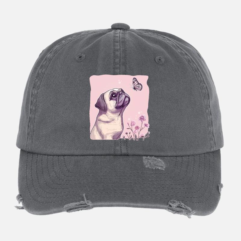 Pug with butterfly Flexfit Vintage Destroyed Cap