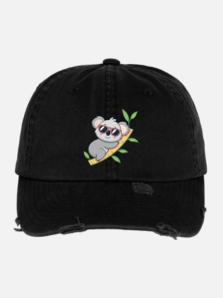 Trendiger Koala mit roten Brillen - Flexfit Vintage Destroyed Cap - Schwarz - Vorne