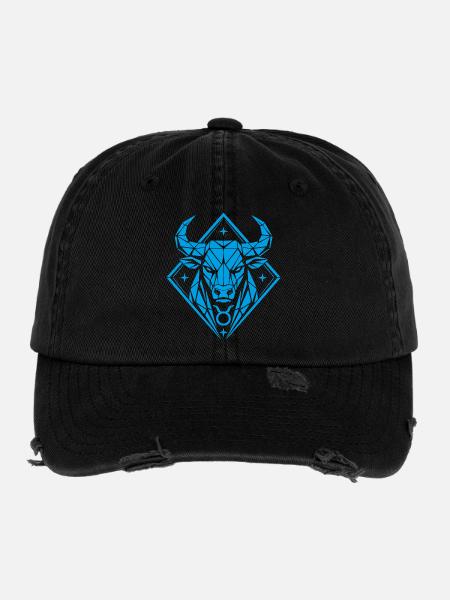Geometric Bull – Stärke pur - Sternzeichen Stier - Flexfit Vintage Destroyed Cap - Schwarz - Vorne