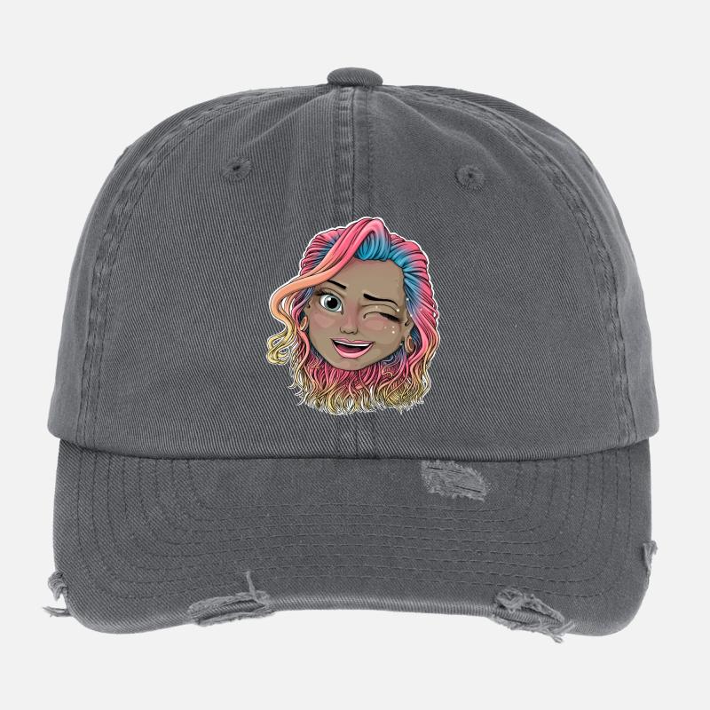 Vibrant Winking Illustration Flexfit Vintage Destroyed Cap