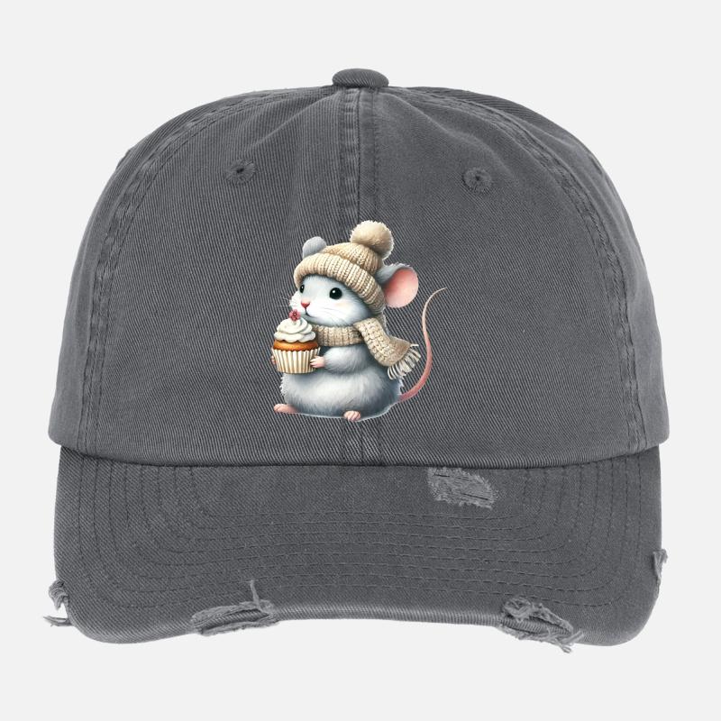 Cute mouse with a knitted hat and cupcake Flexfit Vintage Destroyed Cap