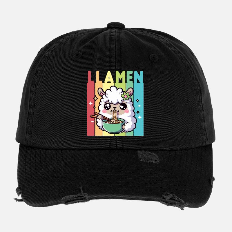 Rainbow Ramen Llama Flexfit Vintage Destroyed Cap