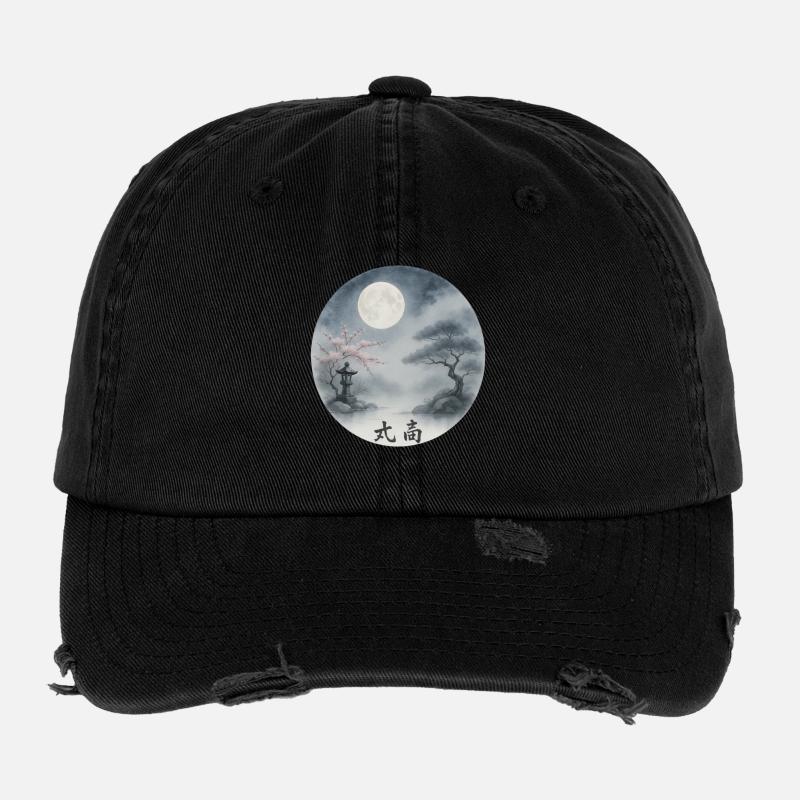 Moonlit Night Zen Ukiyoe Landscape Flexfit Vintage Destroyed Cap