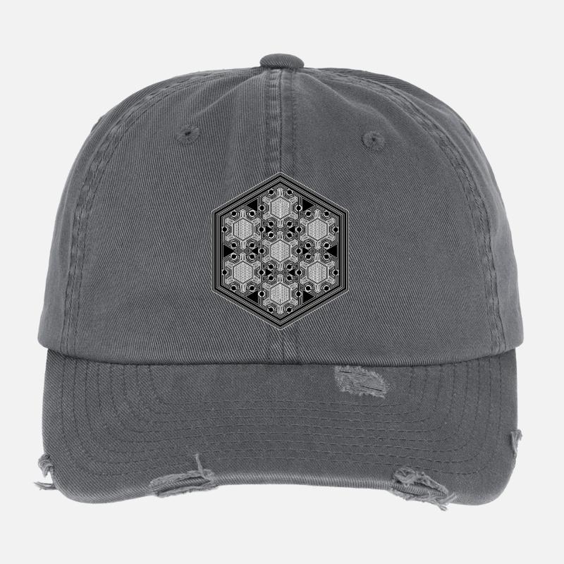 Psytrance Goa Techno Rave Géométrie Motif Hexagonal Casquette vintage effet usé Flexfit