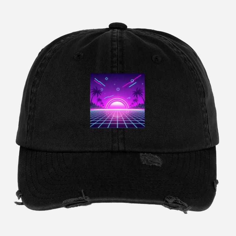 Neon Retro Sunset Grid Flexfit Vintage Destroyed Cap