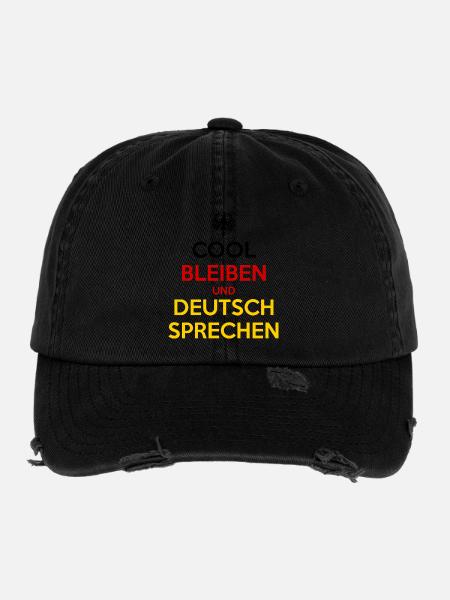 Cool Bleiben und Deutsch Sprechen - Flexfit Vintage Destroyed Cap - Schwarz - Vorne
