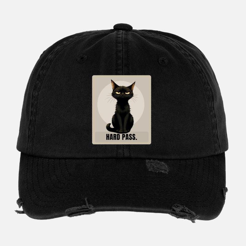 HARD PASS Sarcastic Black Cat Design Flexfit Vintage Destroyed Cap