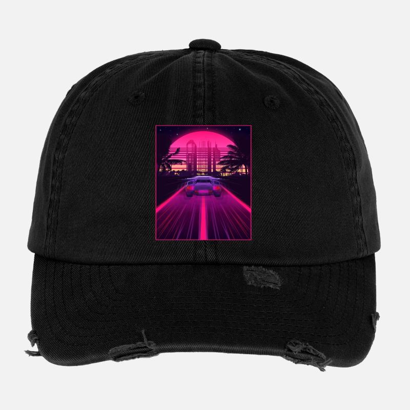 Synthwave Esthétique Rétro Vaporwave des années 80 des années 90 Auto Casquette vintage effet usé Flexfit