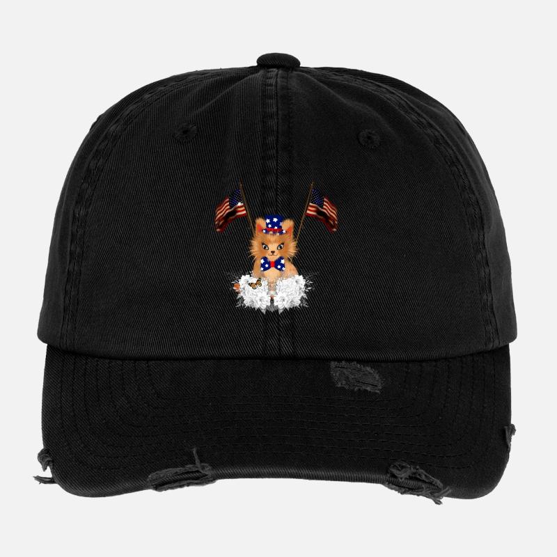 Cute kitten with flag and American flag Flexfit Vintage Destroyed Cap