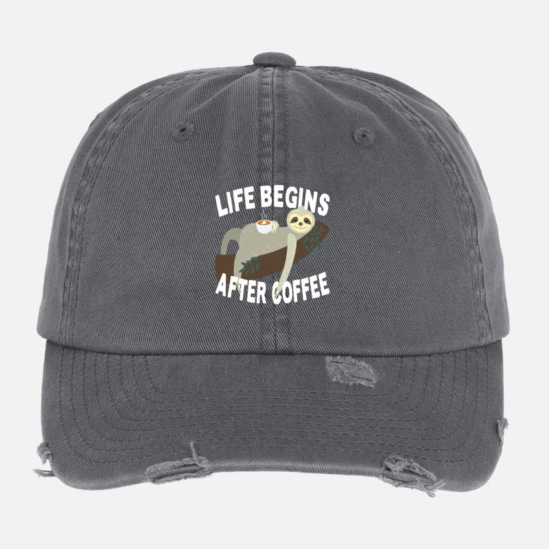 Life Begins After Coffee Faultier Müde Büro Kaffee Flexfit Vintage Destroyed Cap