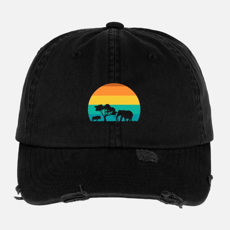 Africa Sunset With Elephant And Gnu Retro Flexfit Vintage Destroyed Cap