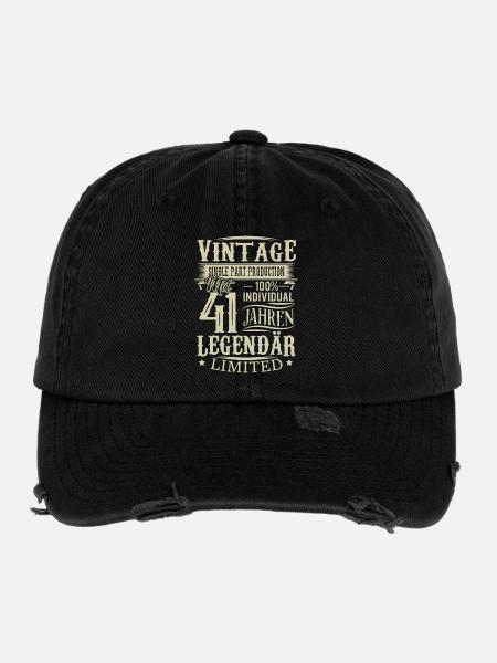 41. Geburtstag Vintage Legendär - Flexfit Vintage Destroyed Cap - Schwarz - Vorne