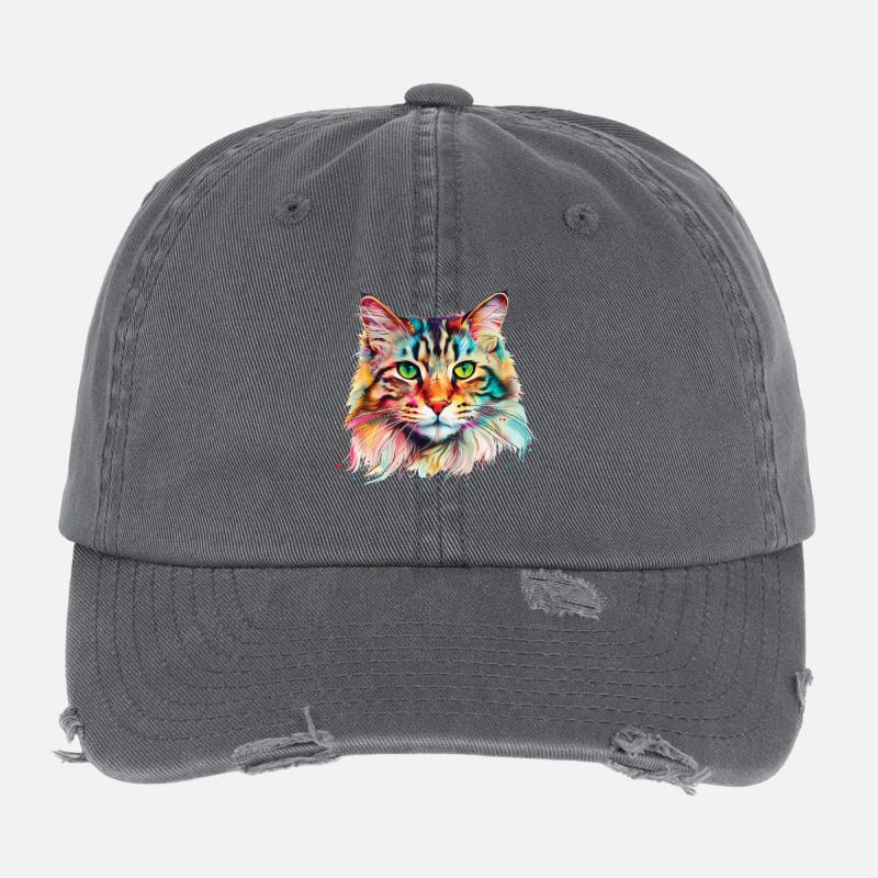 Bunte psychedelische Maine Coon Katze Flexfit Vintage Destroyed Cap