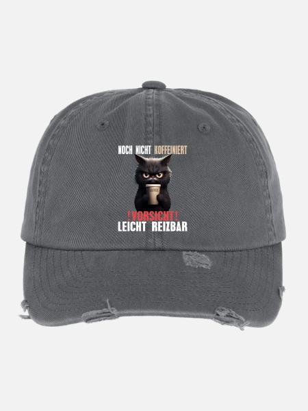 Kaffee Katze Nicht Koffeiniert - Leicht Reizbar - Flexfit Vintage Destroyed Cap - Dunkelgrau - Vorne