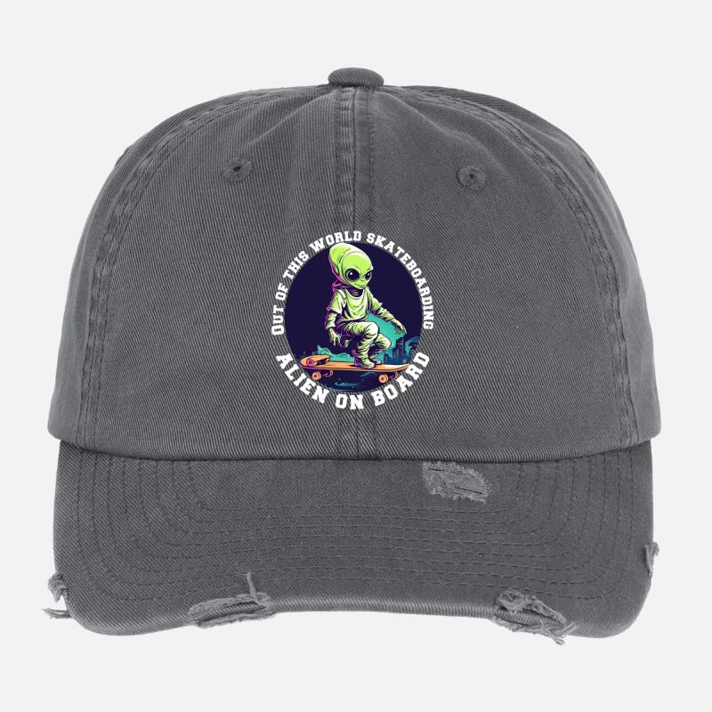 Alien auf Skateboard mit Schriftzug Flexfit Vintage Destroyed Cap
