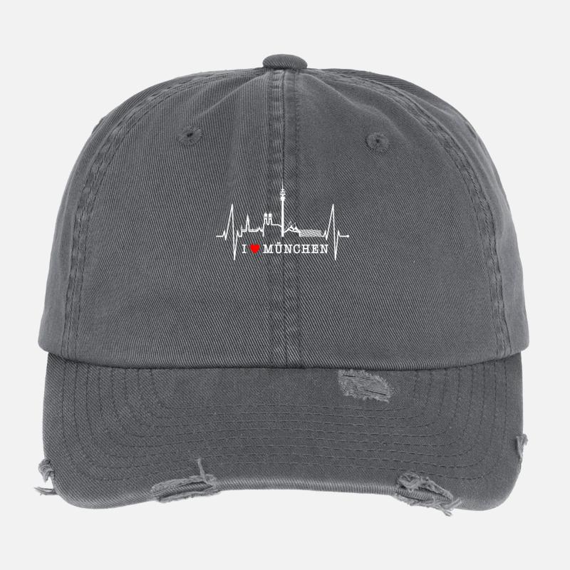 München Skyline Herzschlag Bayern Fan Liebe Munich Flexfit Vintage Destroyed Cap
