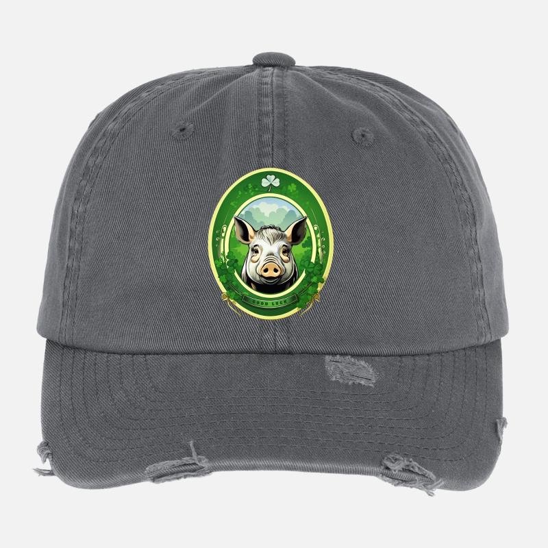 Lucky pig with shamrocks Flexfit Vintage Destroyed Cap