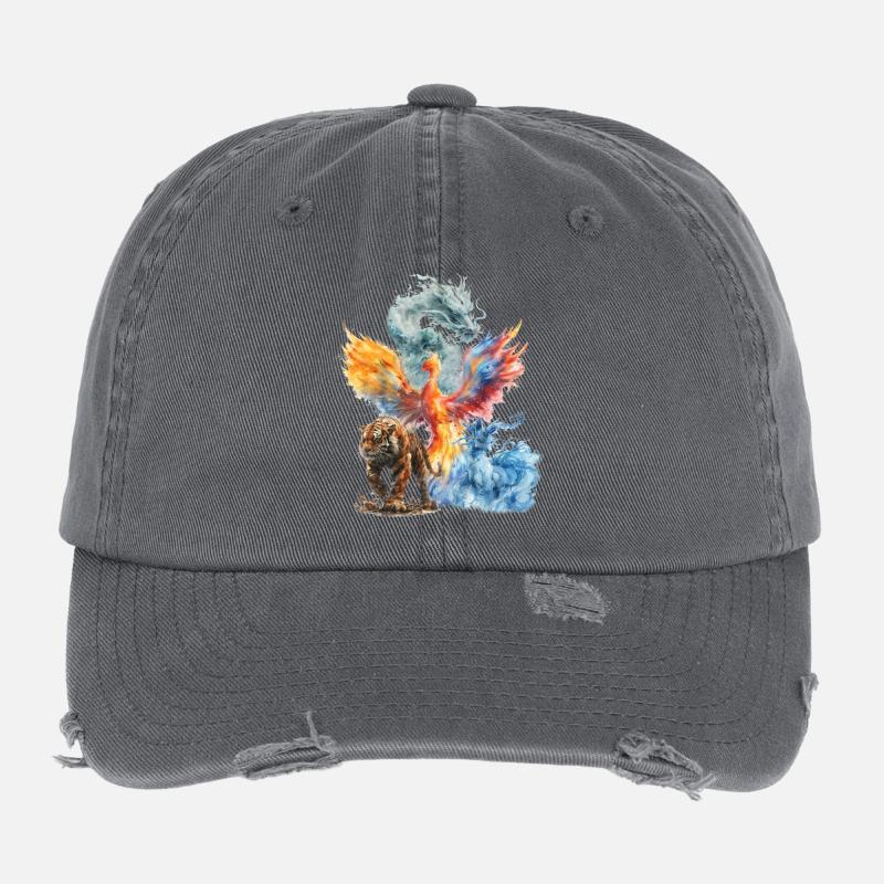 Aquarelle Phoenix Tigre Dragon Casquette vintage effet usé Flexfit