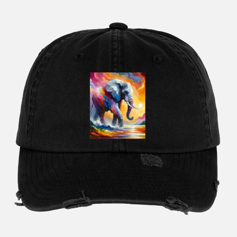 Lebendiger Elefant Splash Bunte Sonnenaufgangsfantasie Flexfit Vintage Destroyed Cap
