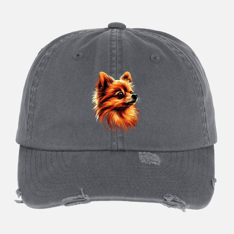 Pomeranian Pomeranian Pom Sweet German Spitz Flexfit Vintage Destroyed Cap