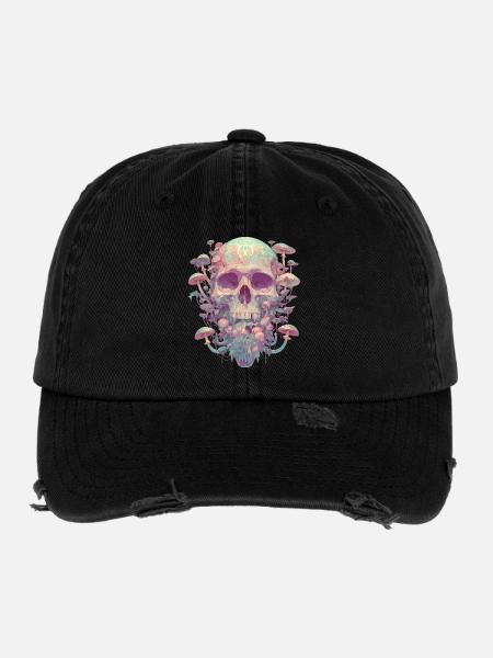 Totenschädel Pilze Totenkopf Grunge Cottagecore - Flexfit Vintage Destroyed Cap - Schwarz - Vorne