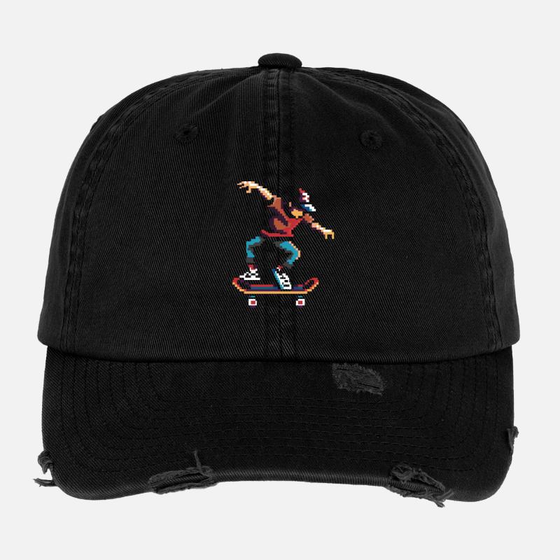 Skateboarder Pixel Kunst Flexfit Vintage Destroyed Cap